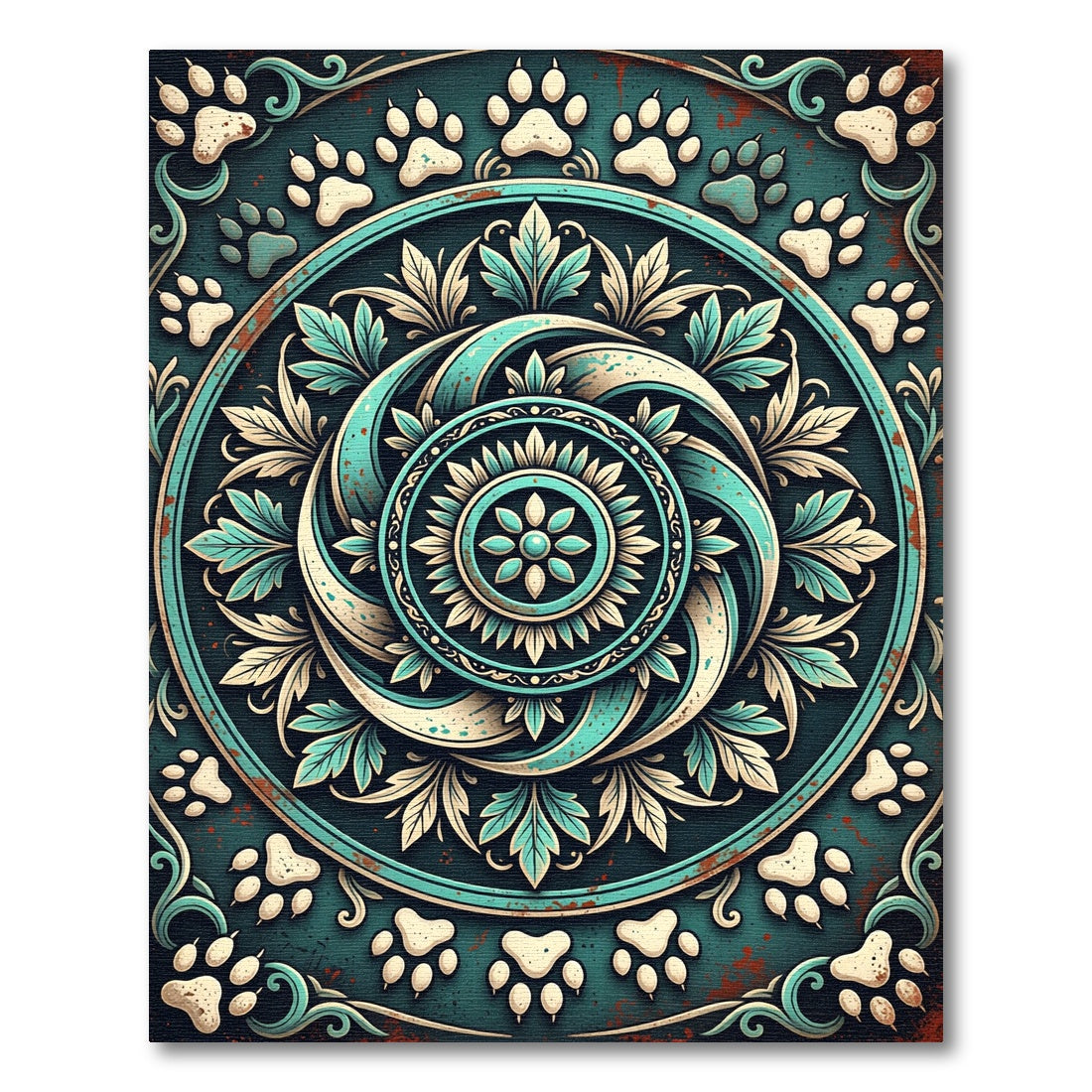 Teal Paw Print Mandala Scroll Rug
