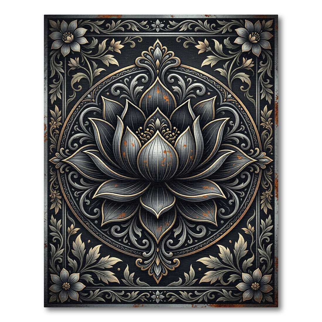 Ornate Metallic Charcoal Lotus Medallion Rug