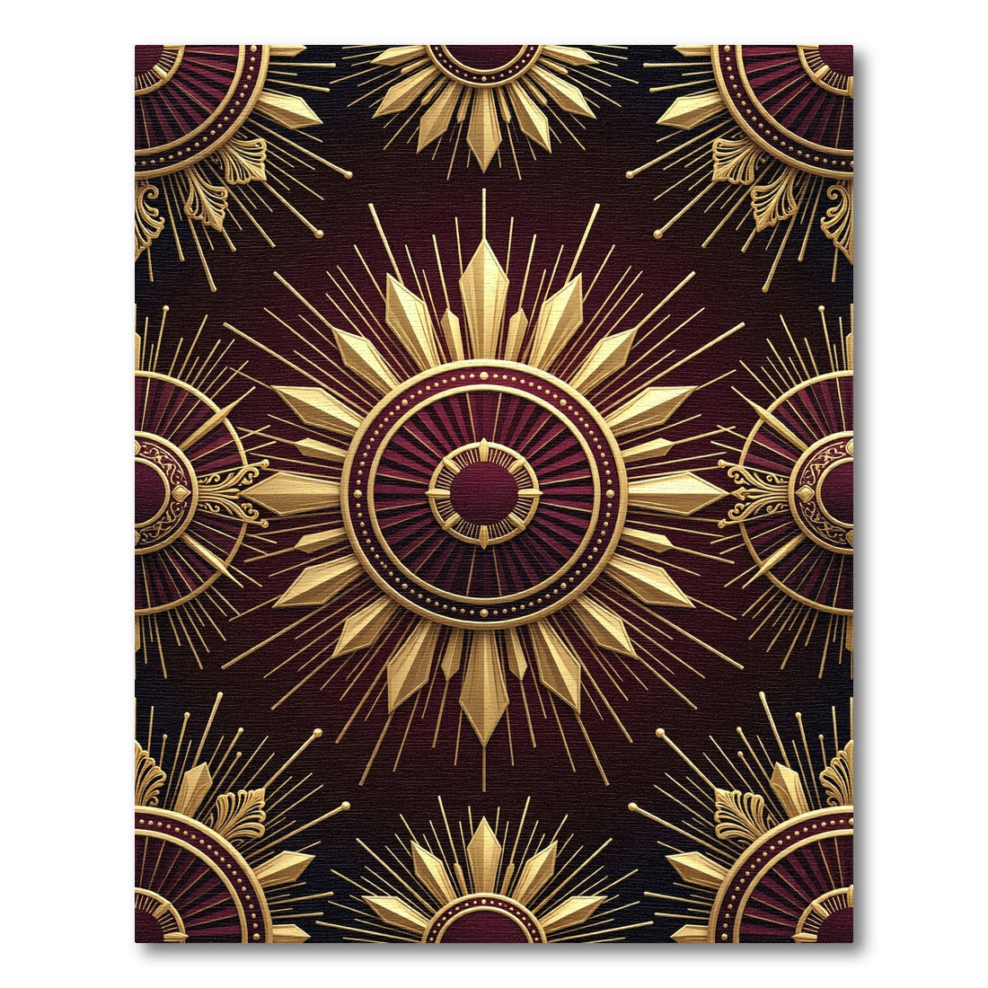 Luxurious Golden Sunburst Crimson Medallion Rug