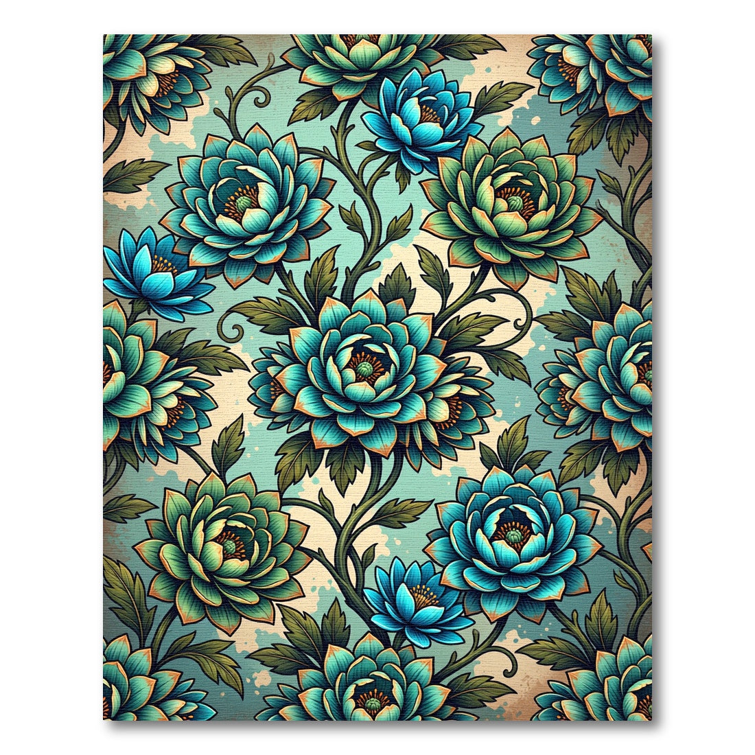 Teal Botanical Chrysanthemum Flourish Art Rug