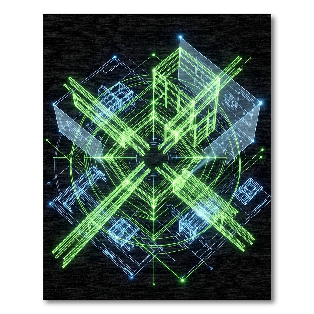 Cyber Neon Geometric Blueprint Grid Rug