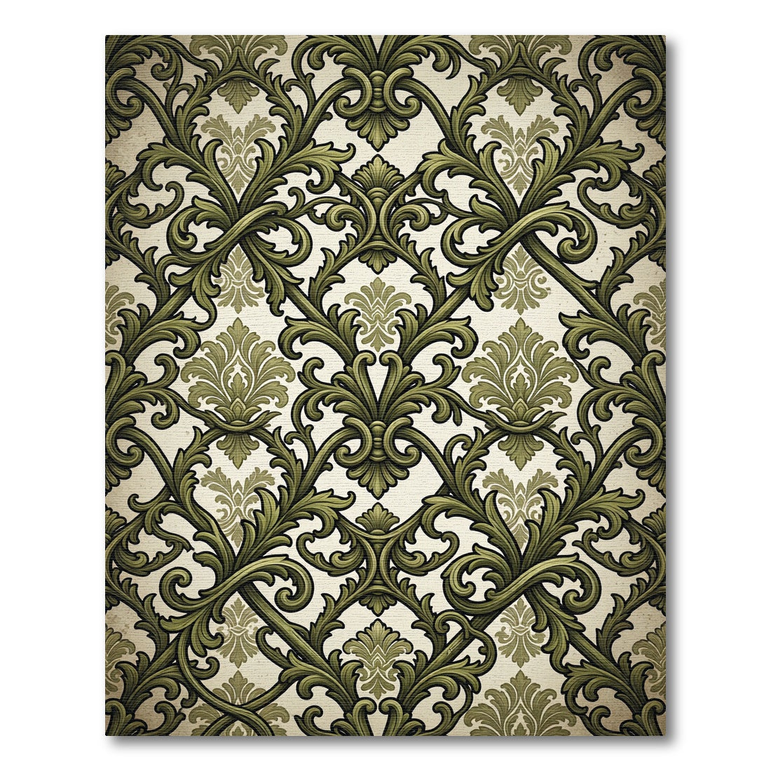 Olive Green Ornate Damask Scroll Rug