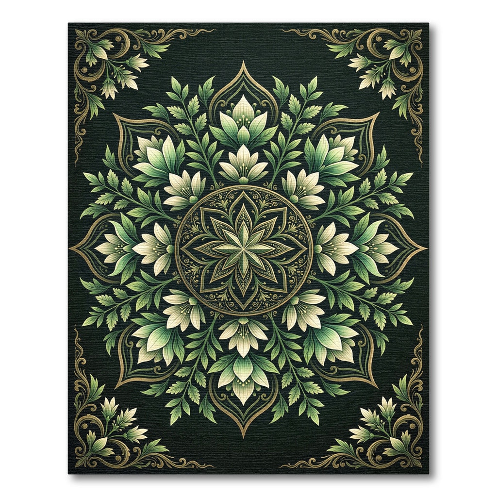 Elegant Emerald Botanical Floral Medallion Rug