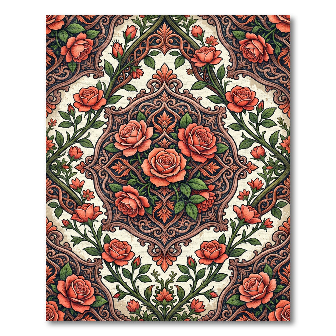 Ornate Damask Coral Rose Medallion Rug