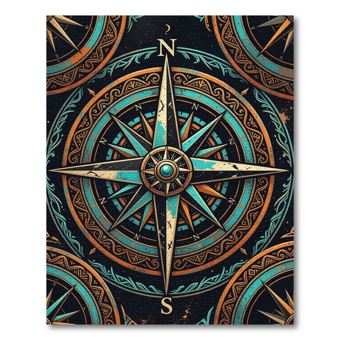 Teal and Copper Nautical Compass Rug