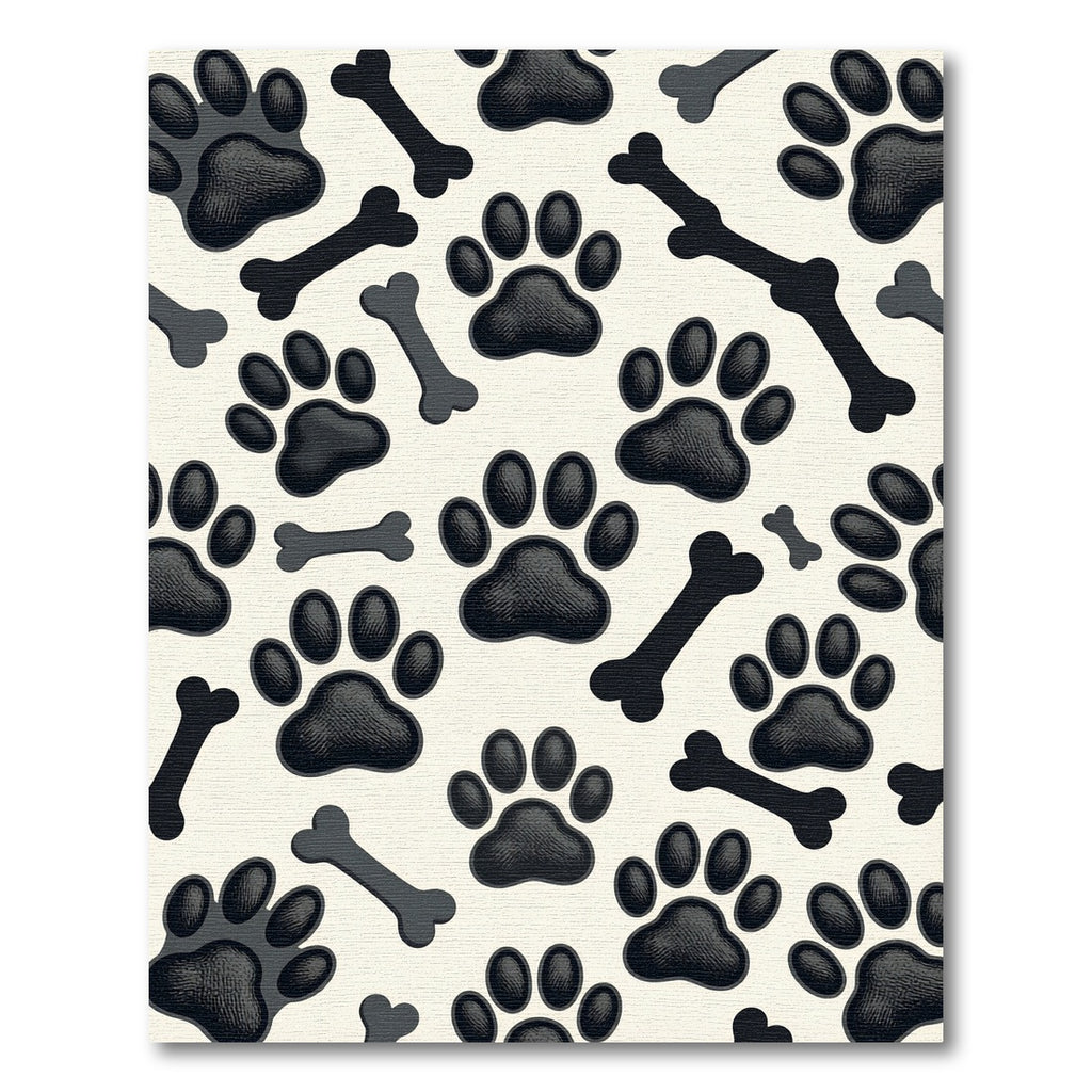 Charcoal Paw Print and Bone Illustration Rug