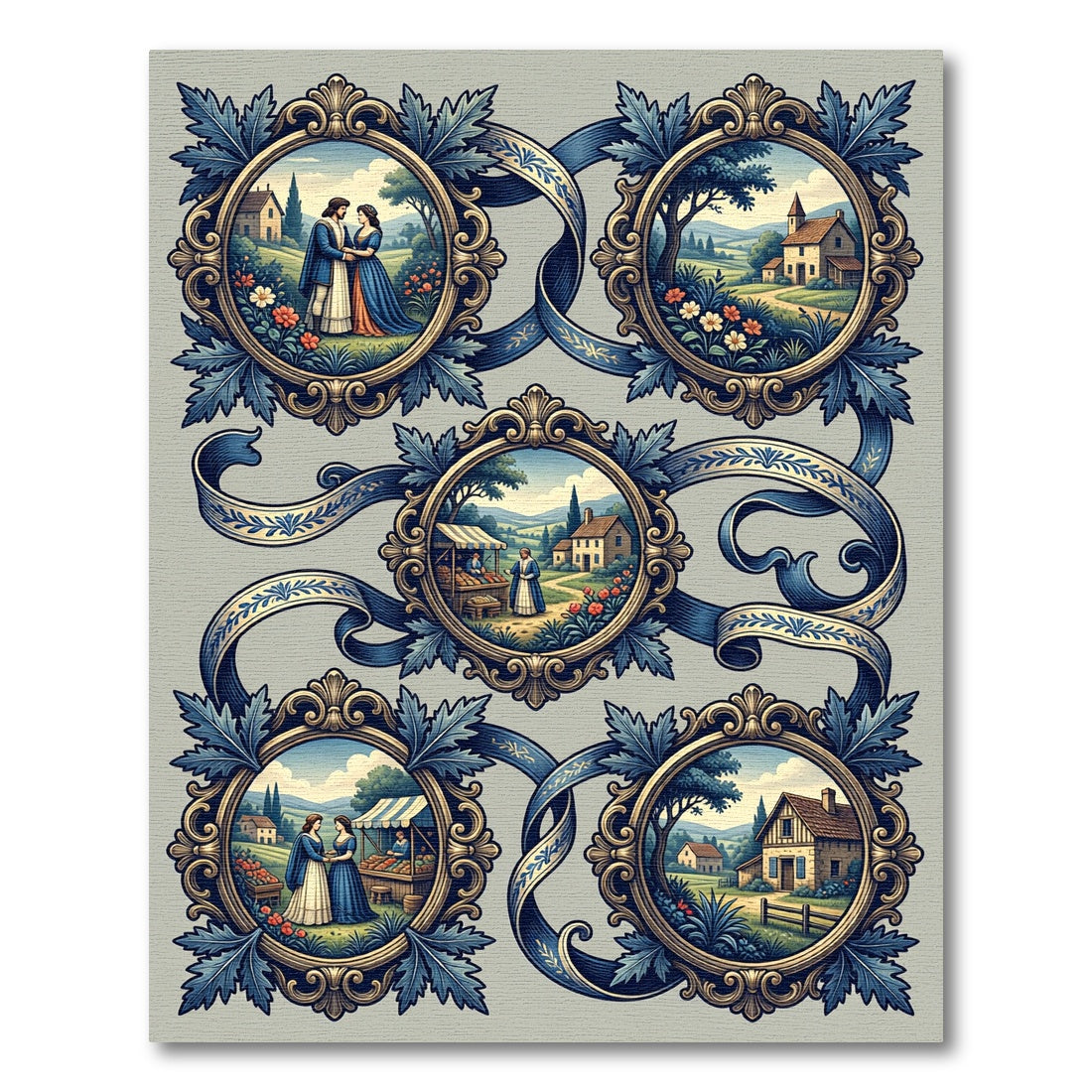 Ornate Blue Ribbon Village Scene Rug