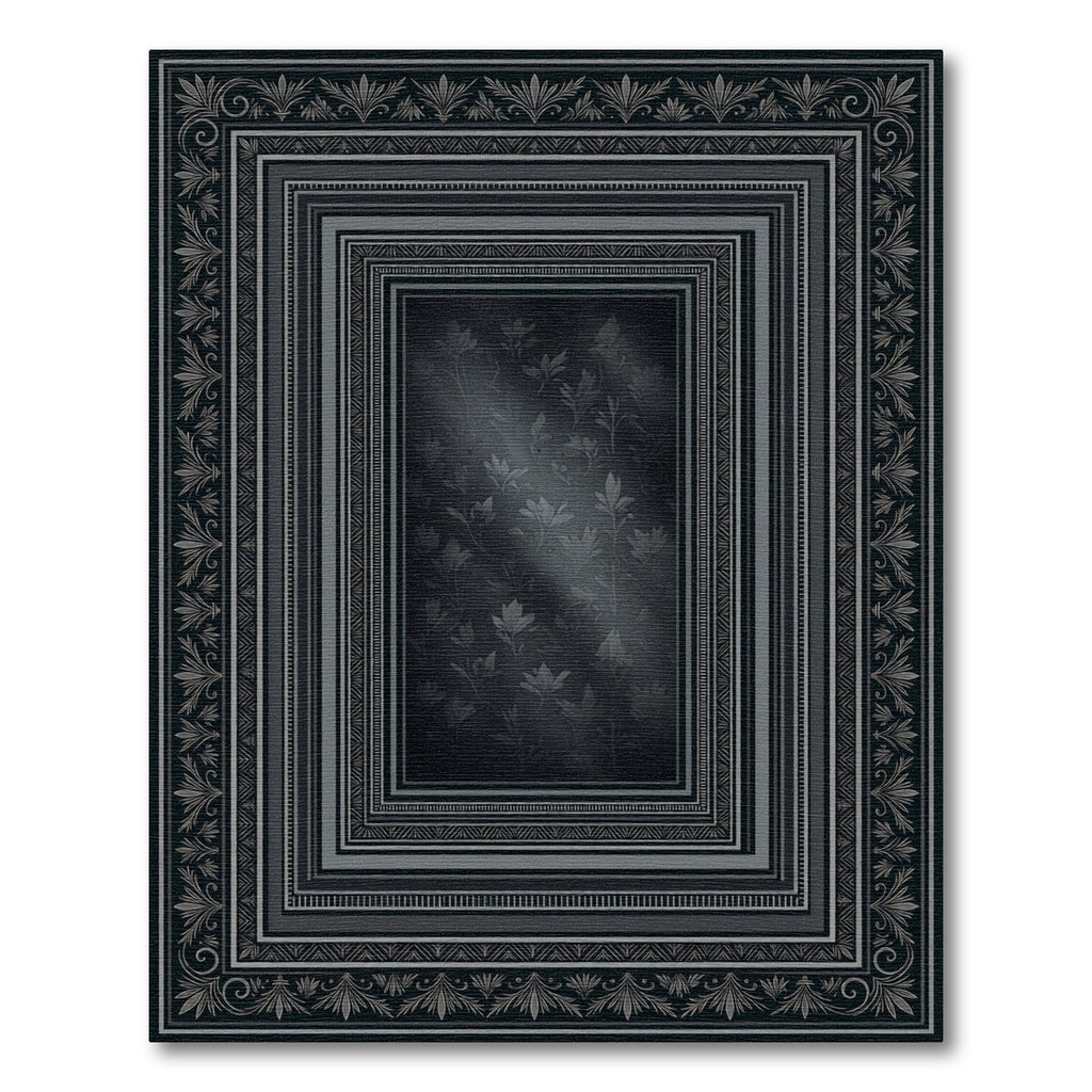 Dark Gray Floral Bordered Rectangles Rug
