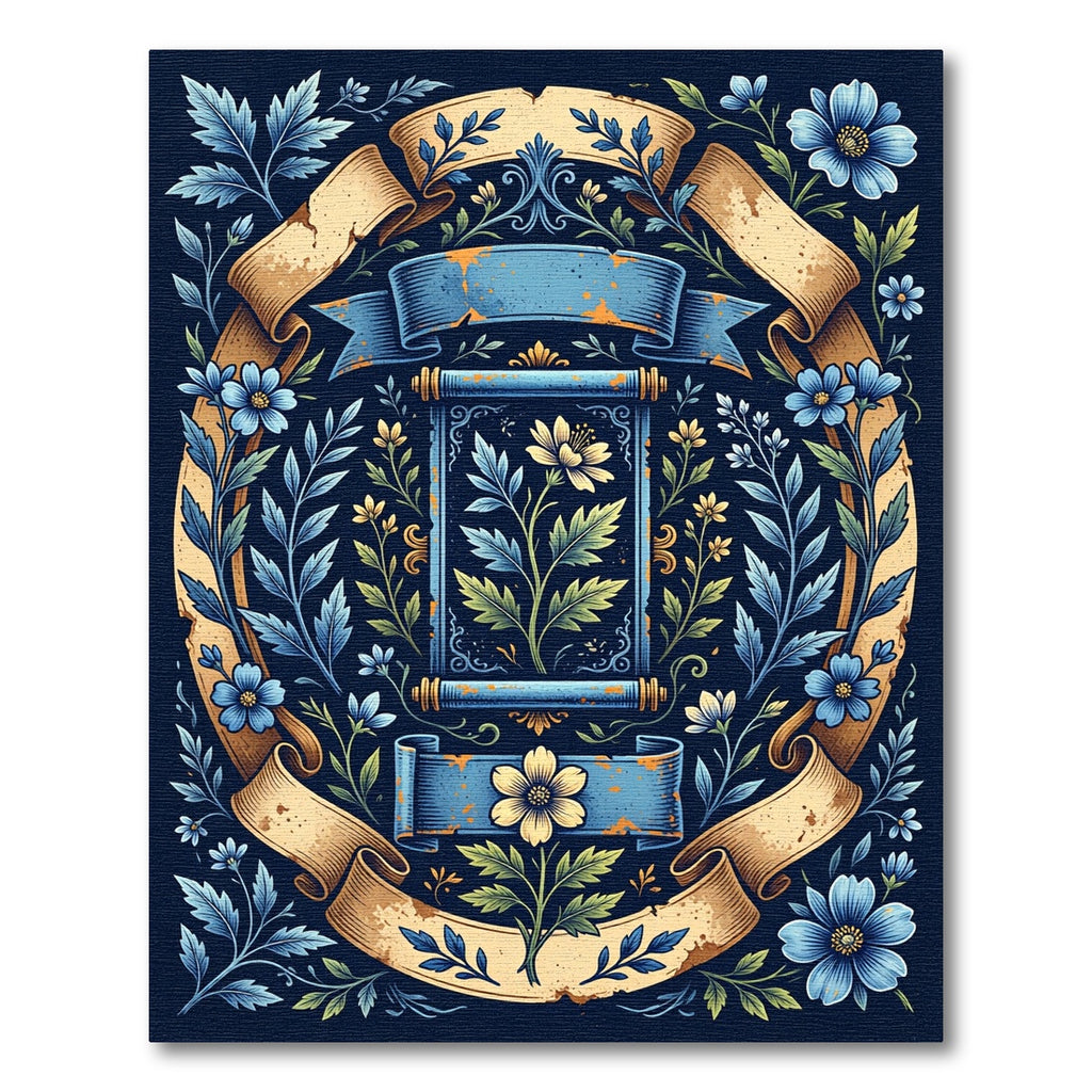 Floral Scroll Navy Golden Botanical Rug