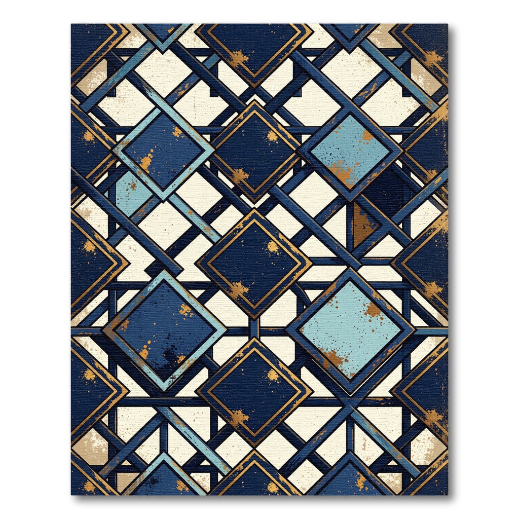Geometric Art Deco Navy Gold Tile Rug