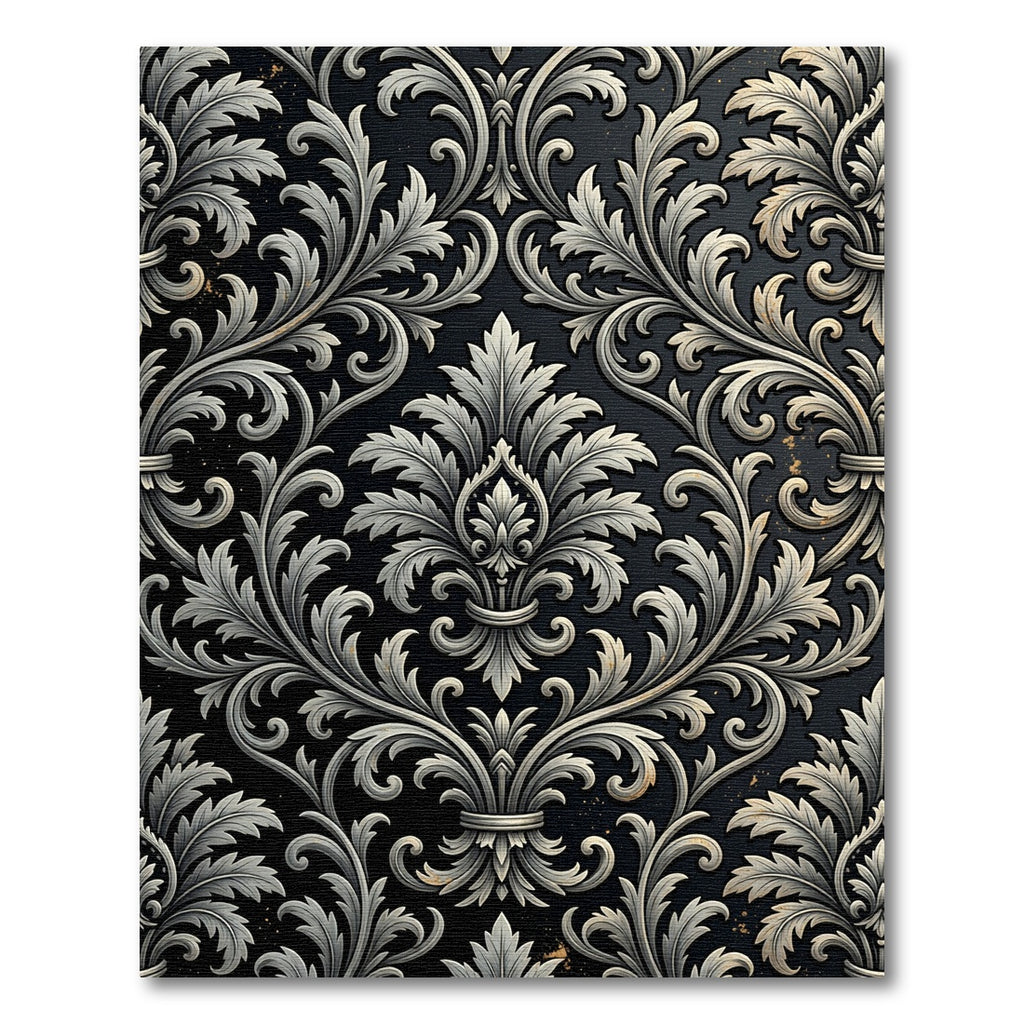 Ornate Charcoal Silver Damask Scroll Rug