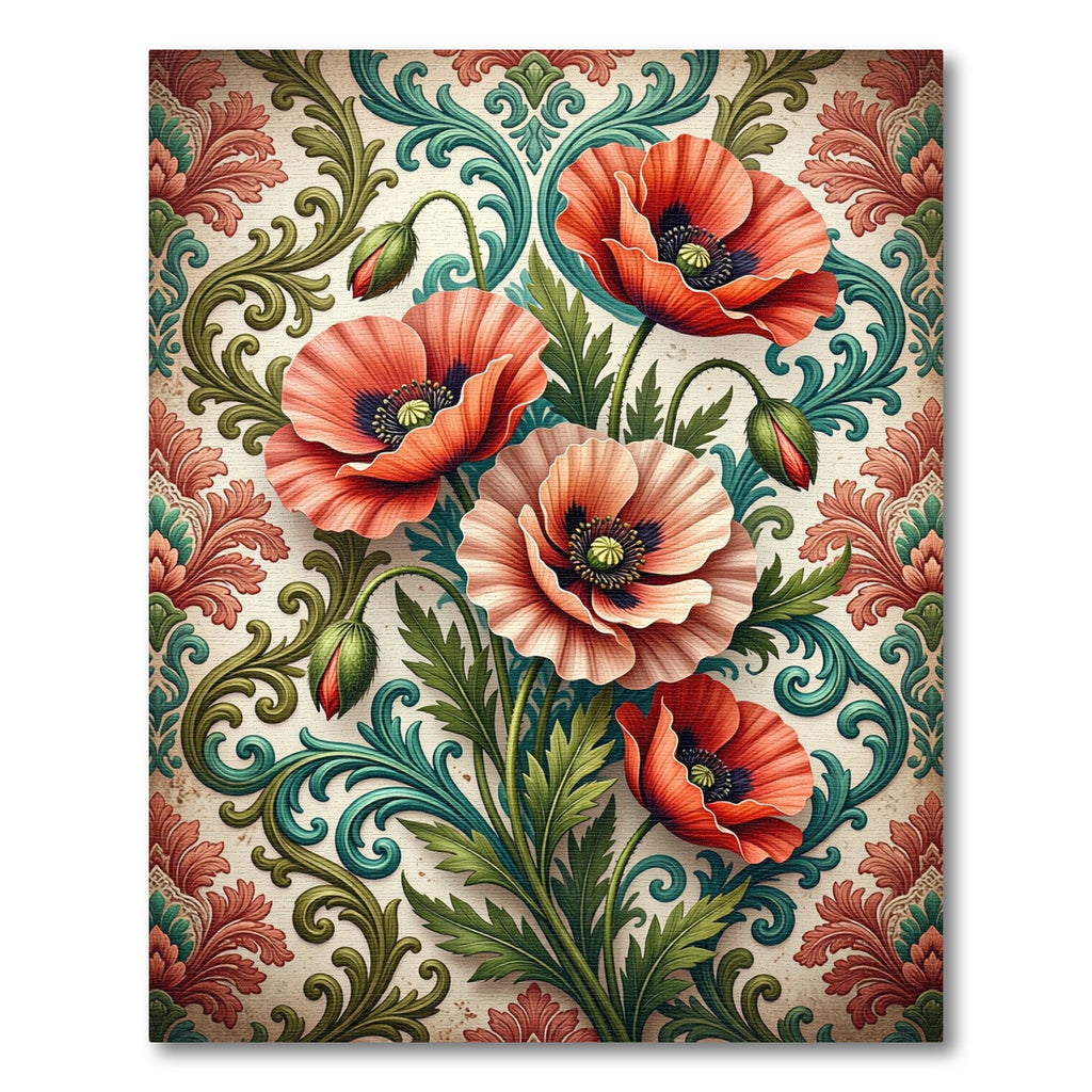 Elegant Poppy Flower Scroll Damask Art Rug