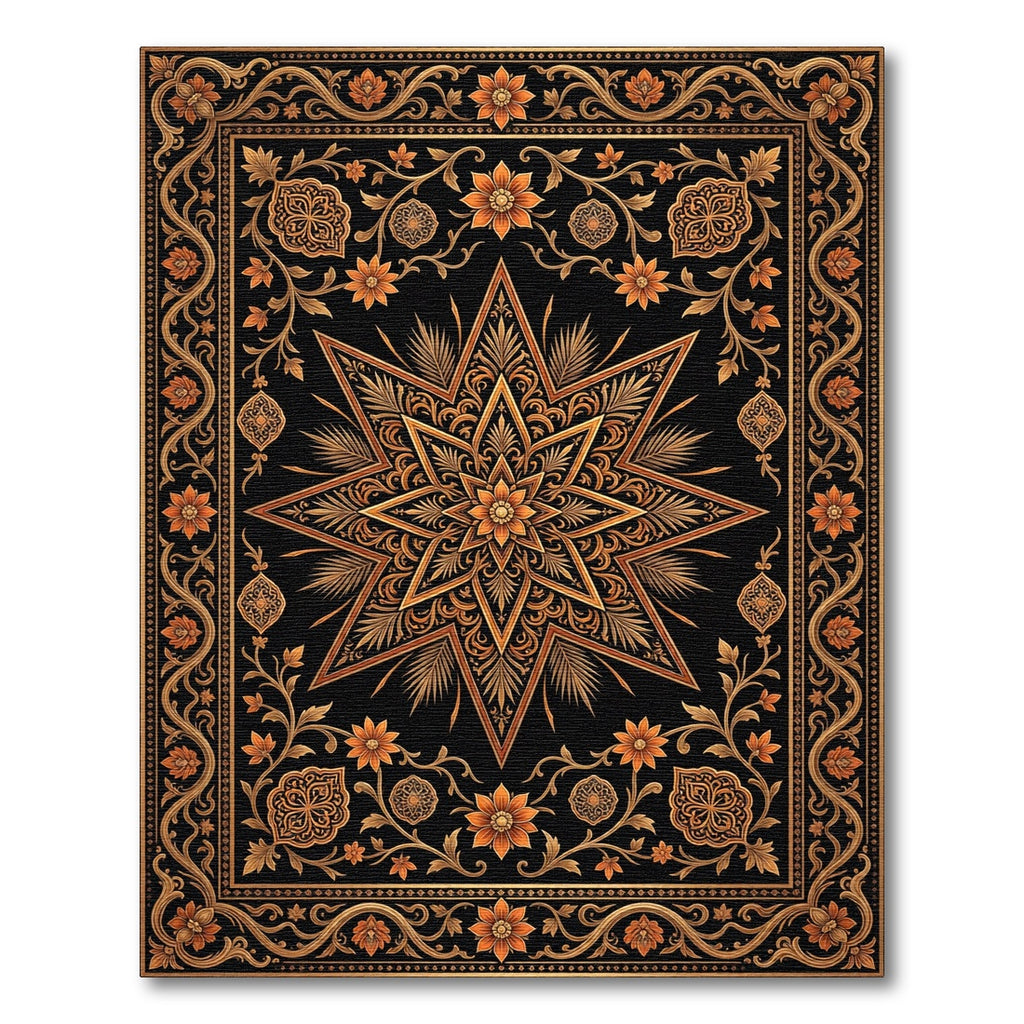 Ornate Black Gold Floral Star Rug