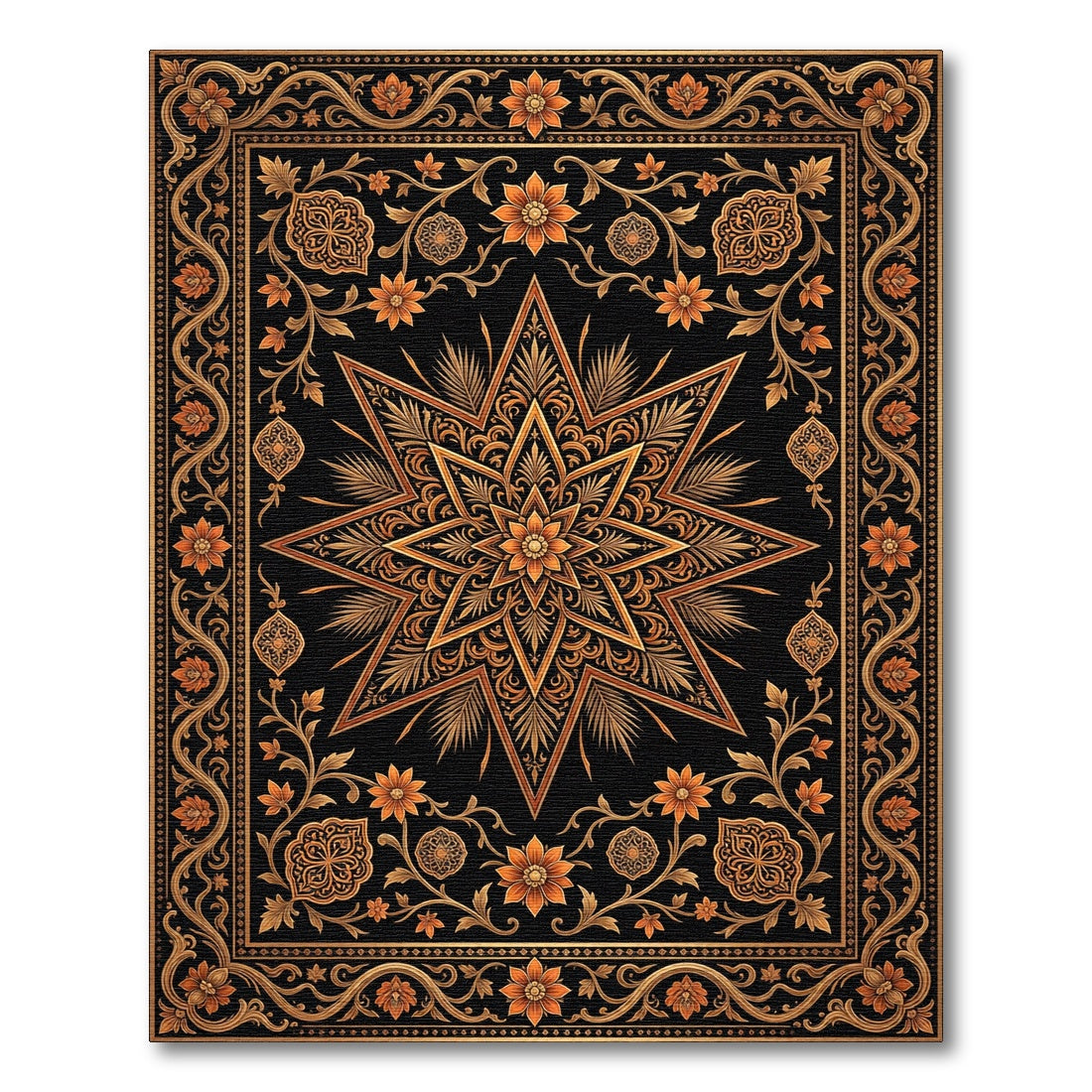Ornate Black Gold Floral Star Rug