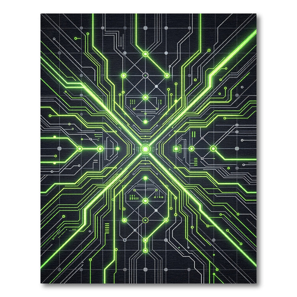 Neon Green Cyber Circuit Symmetry Rug