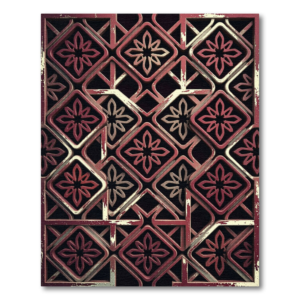 Earthy Red Geometric Lattice Floral Rug