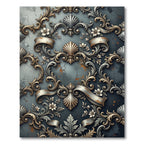 Ornate Scrollwork Floral Shell Arrangement Rug