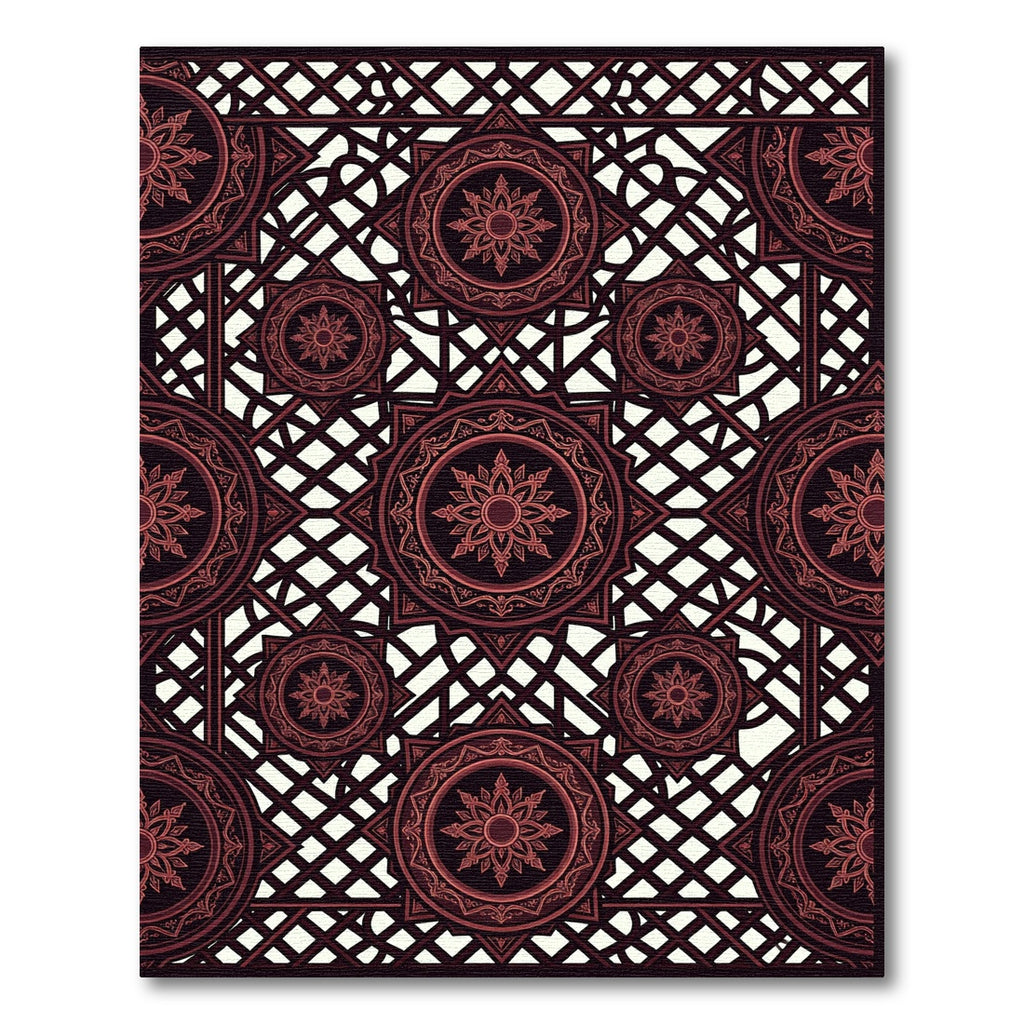 Dark Burgundy Ornate Geometric Medallion Lattice Rug