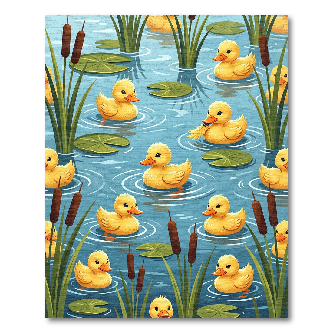 Playful Yellow Ducklings in Blue Pond Rug