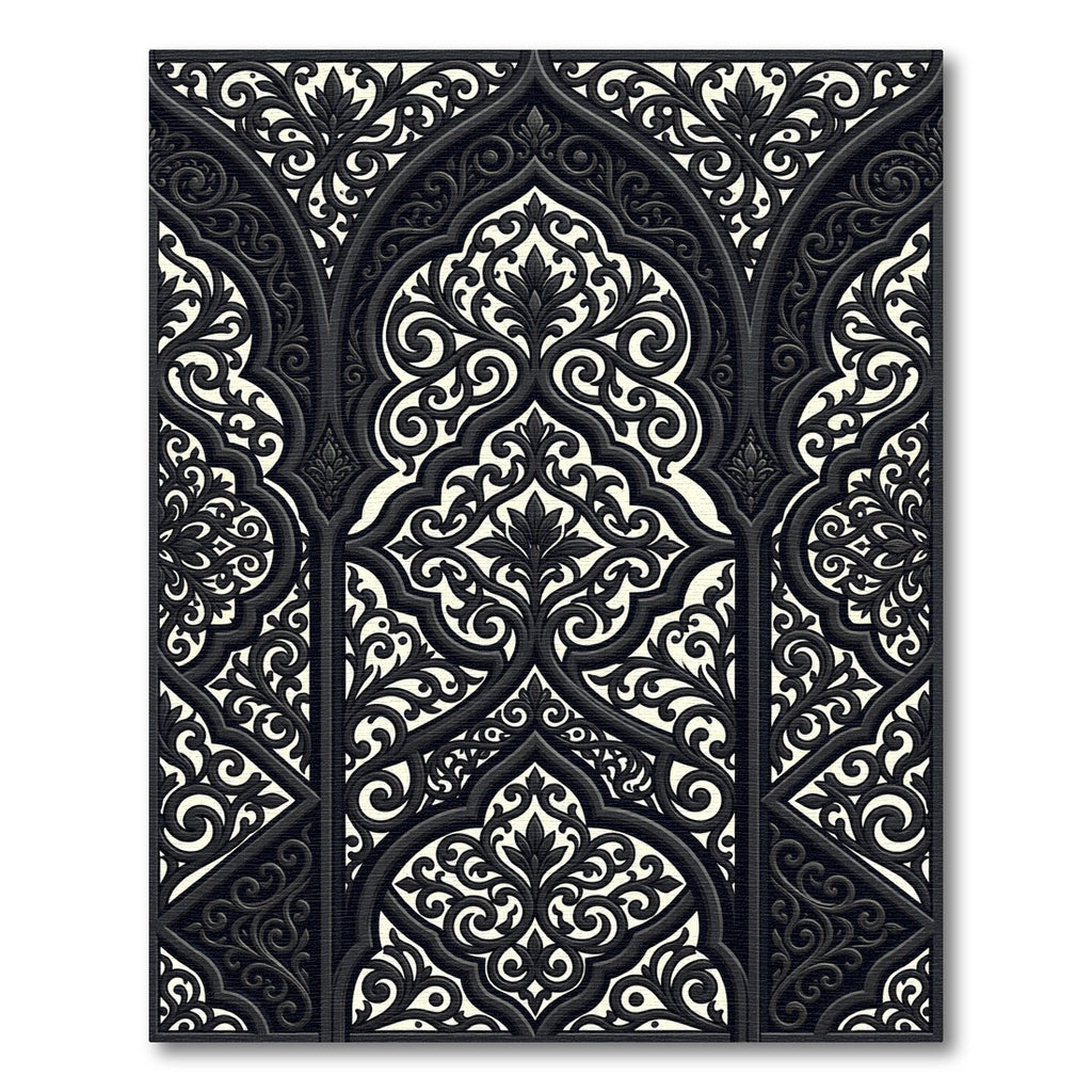 Black Arched Arabesque Intricate Scrollwork Rug