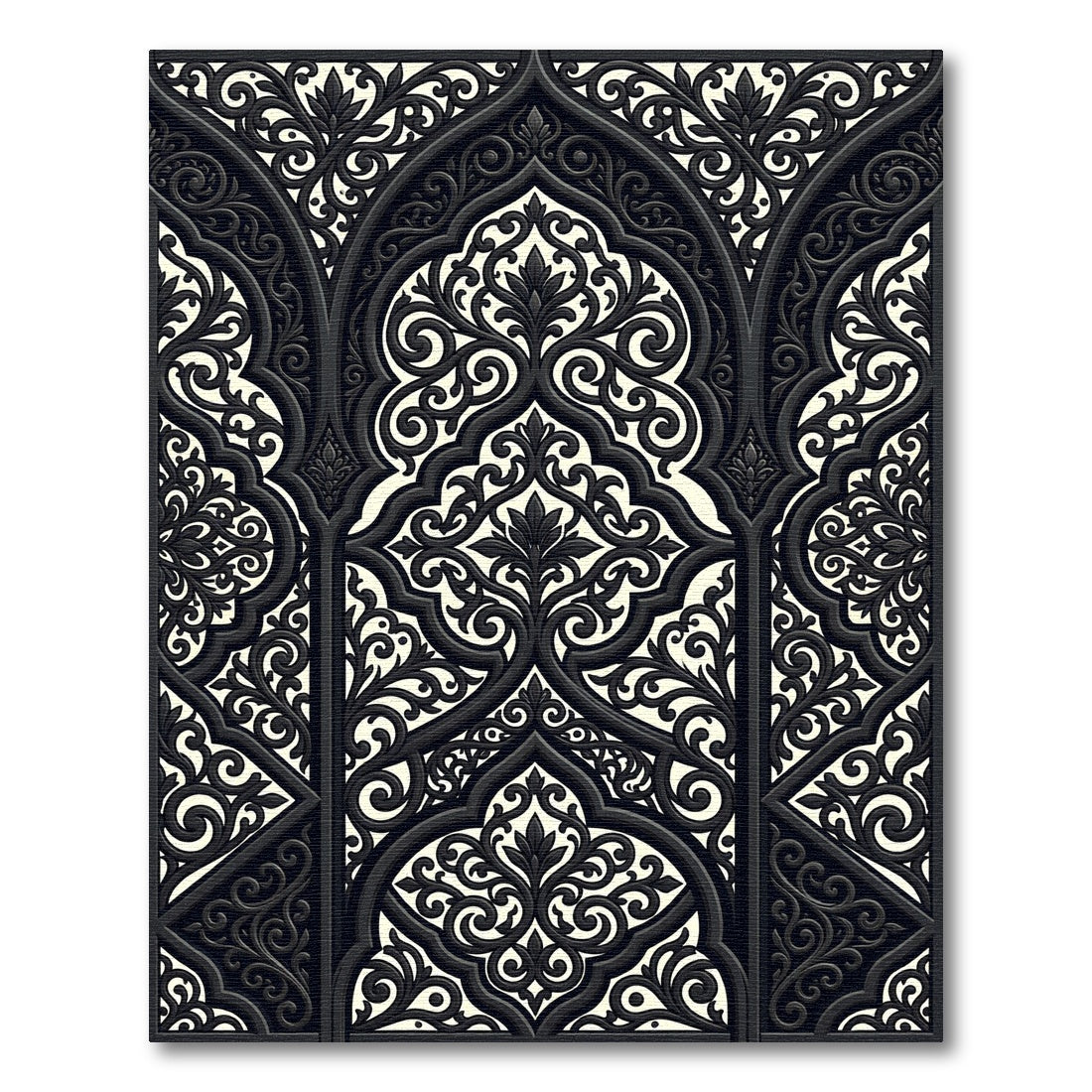 Black Arched Arabesque Intricate Scrollwork Rug