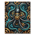 Steampunk Mechanical Octopus Teal Gear Art Rug