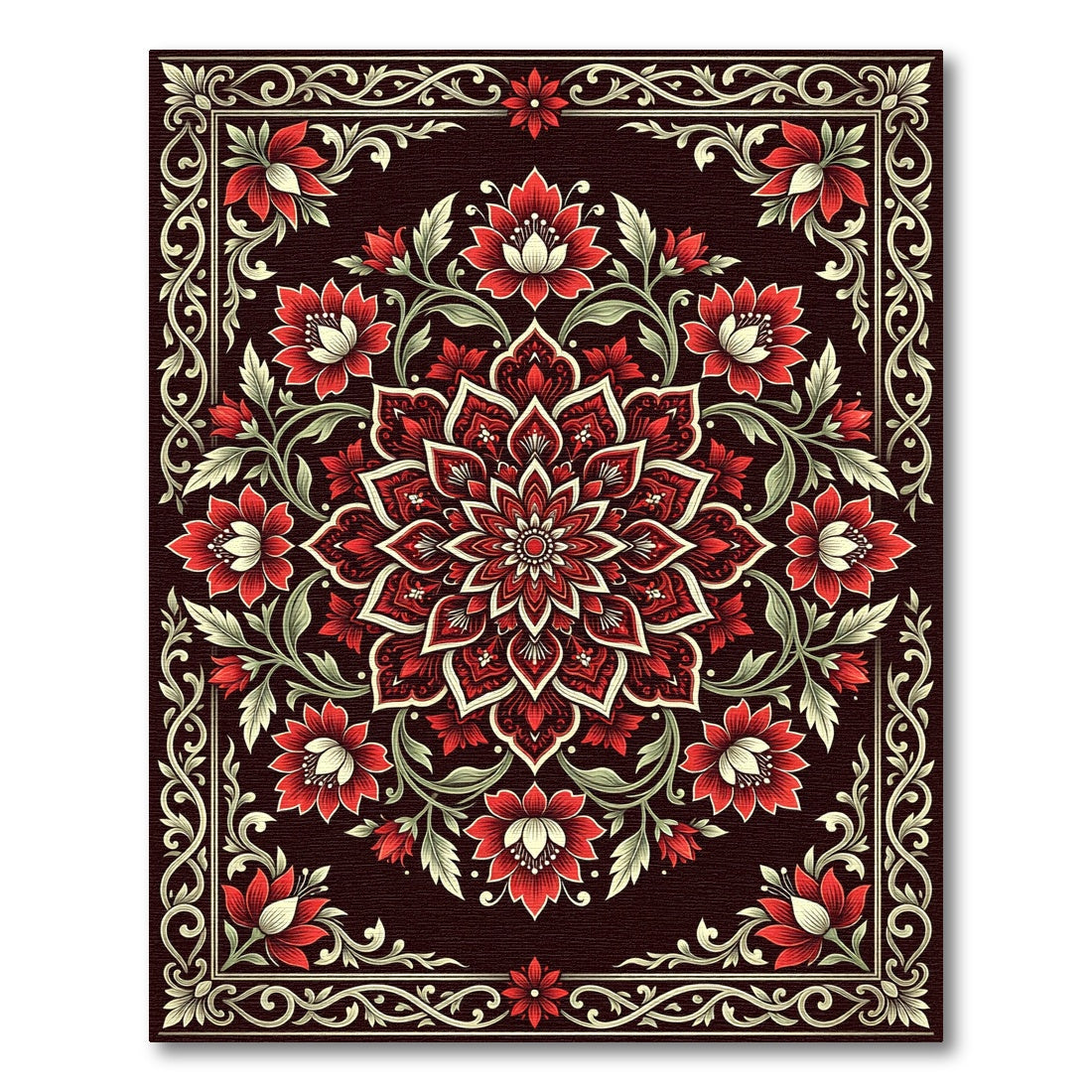 Crimson Floral Mandala Dark Botanical Rug