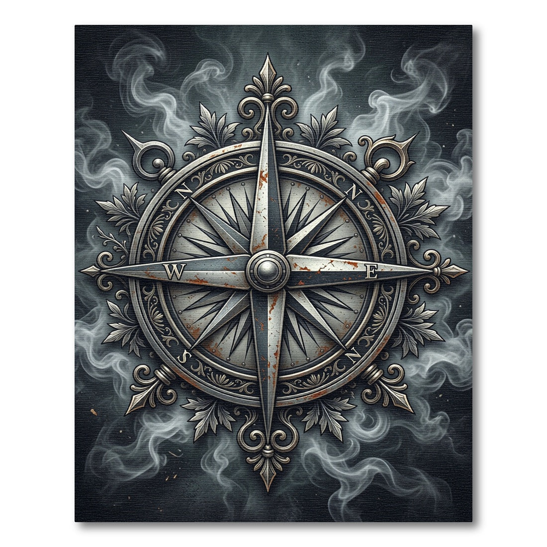 Rustic Metallic Compass Smoked Antique Rug