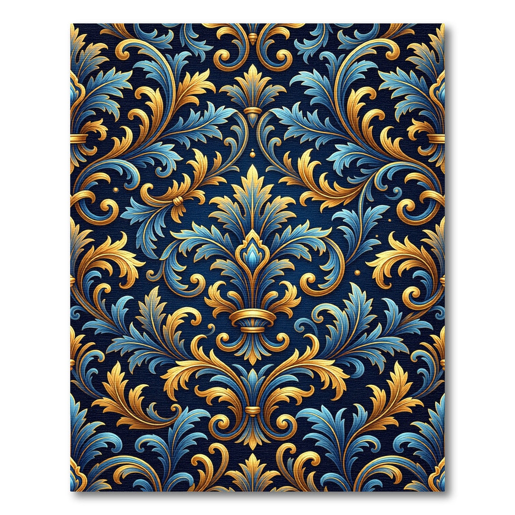 Ornate Royal Blue Golden Baroque Foliage Rug