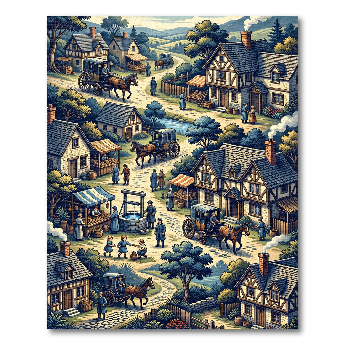 Whimsical Village Life Scenic Illustration Rug