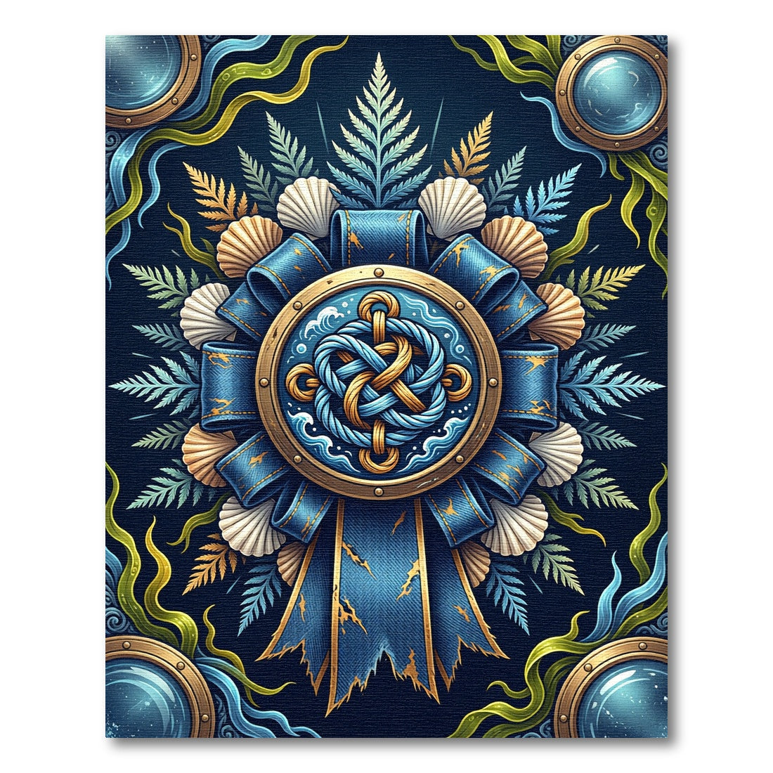 Marine Nautical Knot Shell Fern Medallion Rug