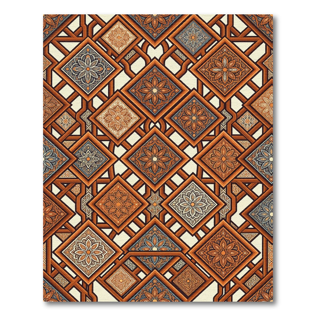 Earthy Terracotta Geometric Floral Lattice Rug