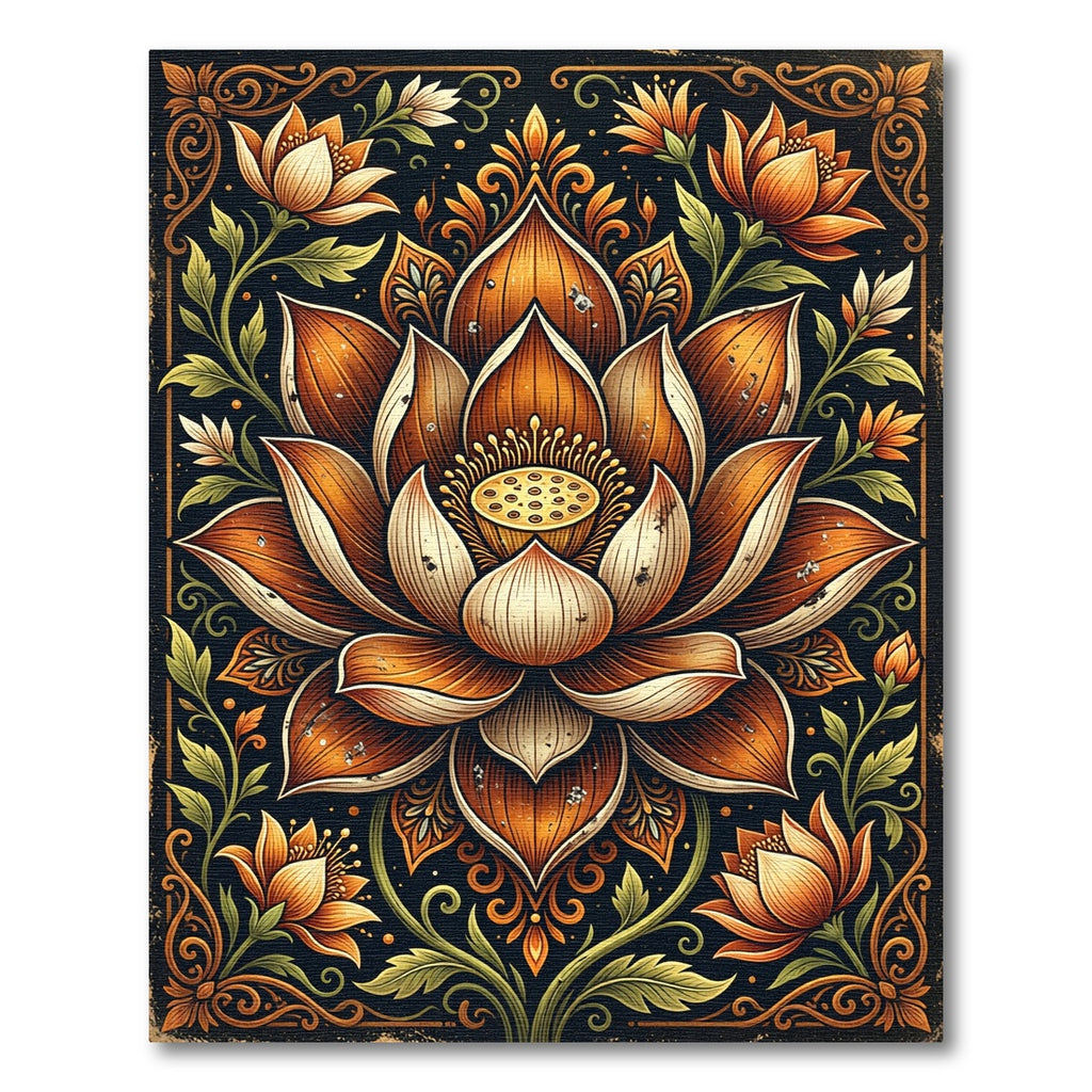 Ornate Amber Lotus Floral Illustration Rug