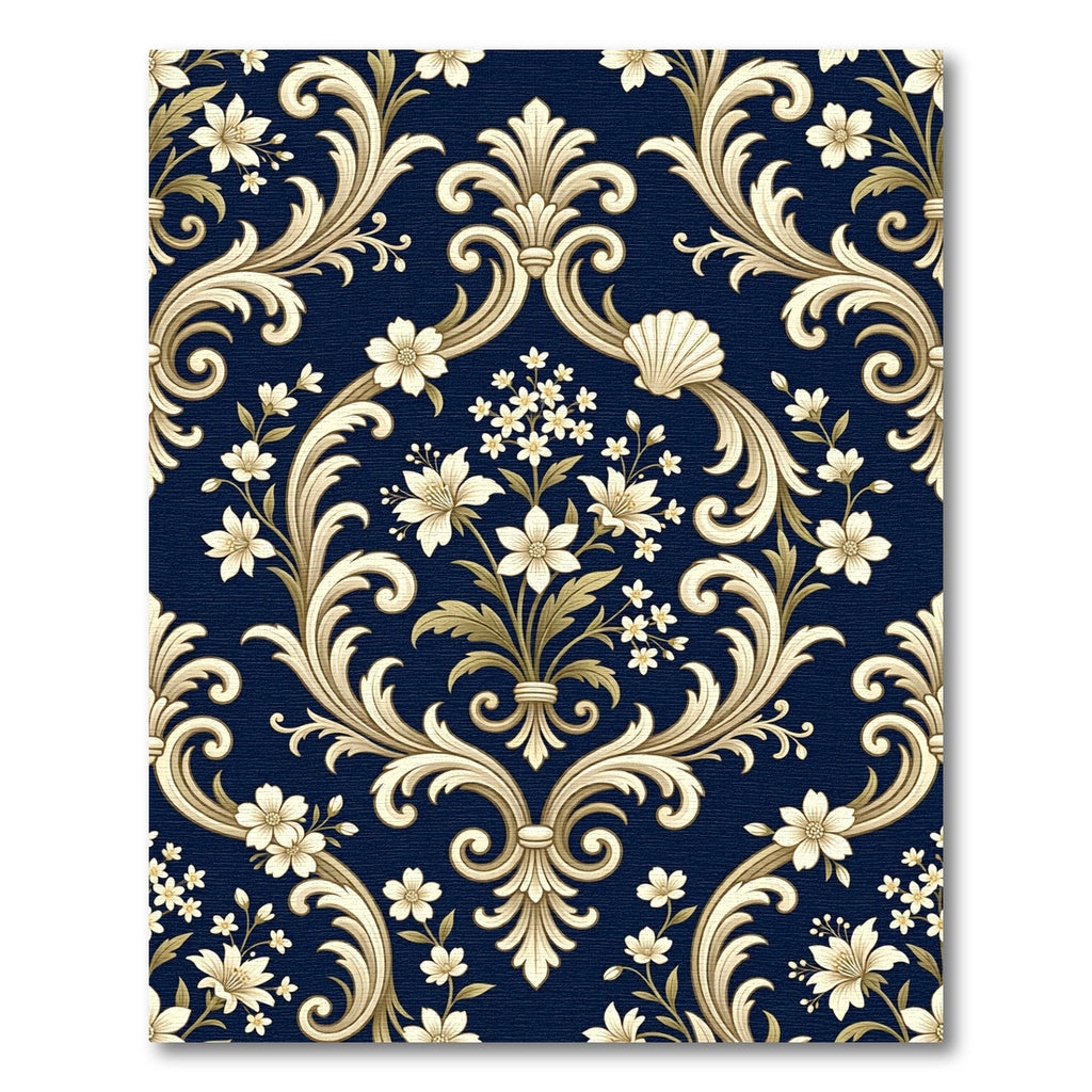 Elegant Navy Gold Baroque Floral Damask Rug