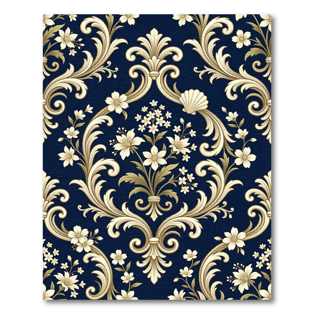 Elegant Navy Gold Baroque Floral Damask Rug