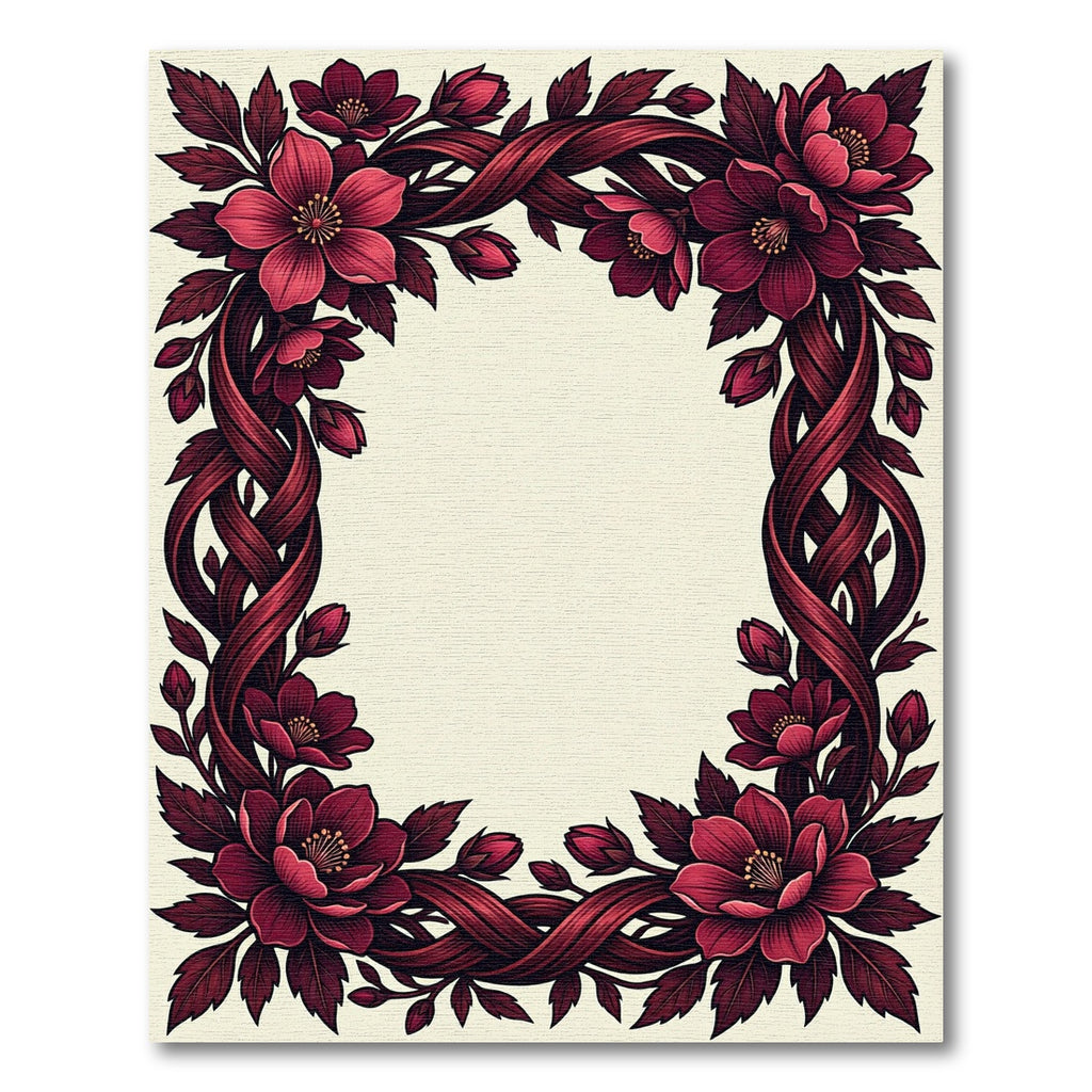 Dark Crimson Intertwined Floral Botanical Frame Rug