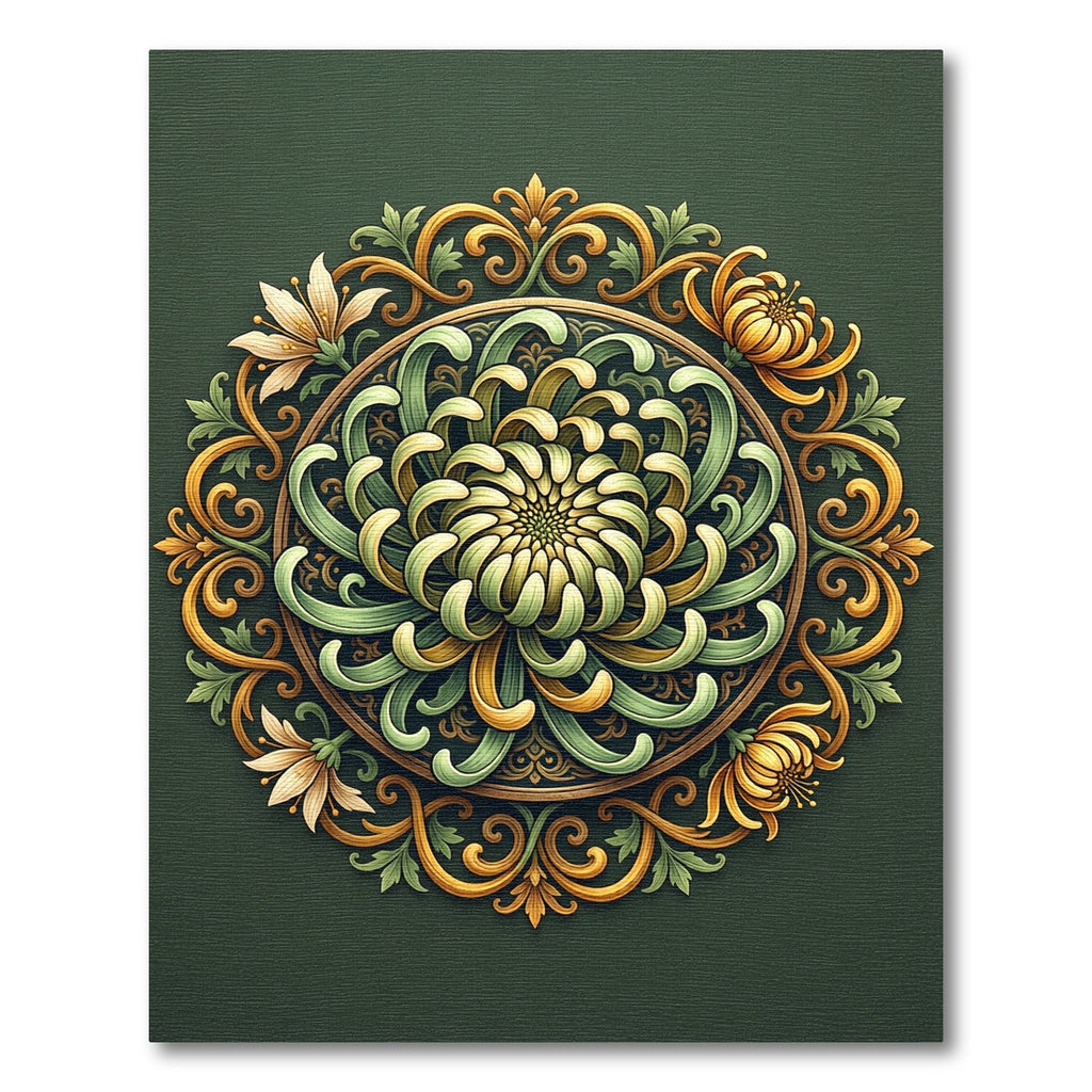 Elegant Olive Chrysanthemum Floral Medallion Rug