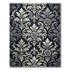 Black Silver Damask Rose Foliage Scrolls Rug