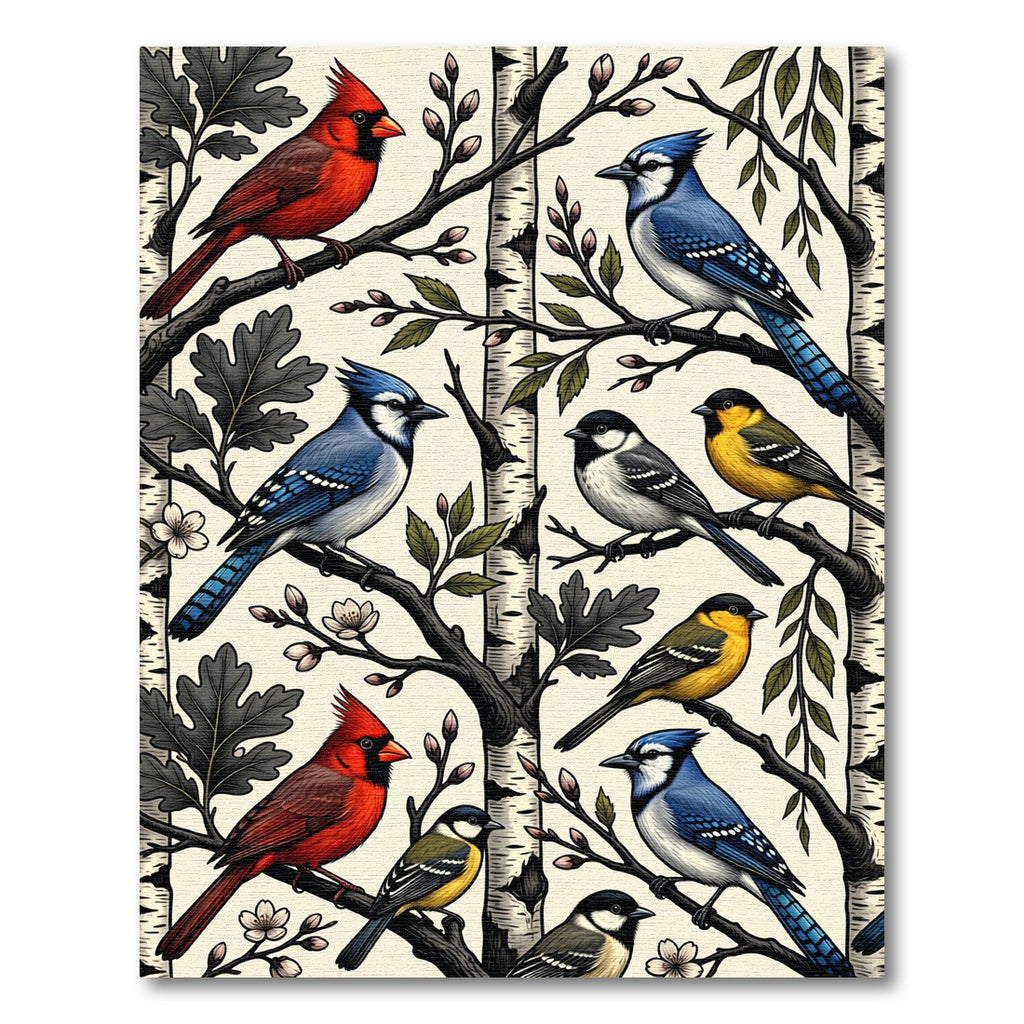 Birch Forest Songbird Illustration Rug