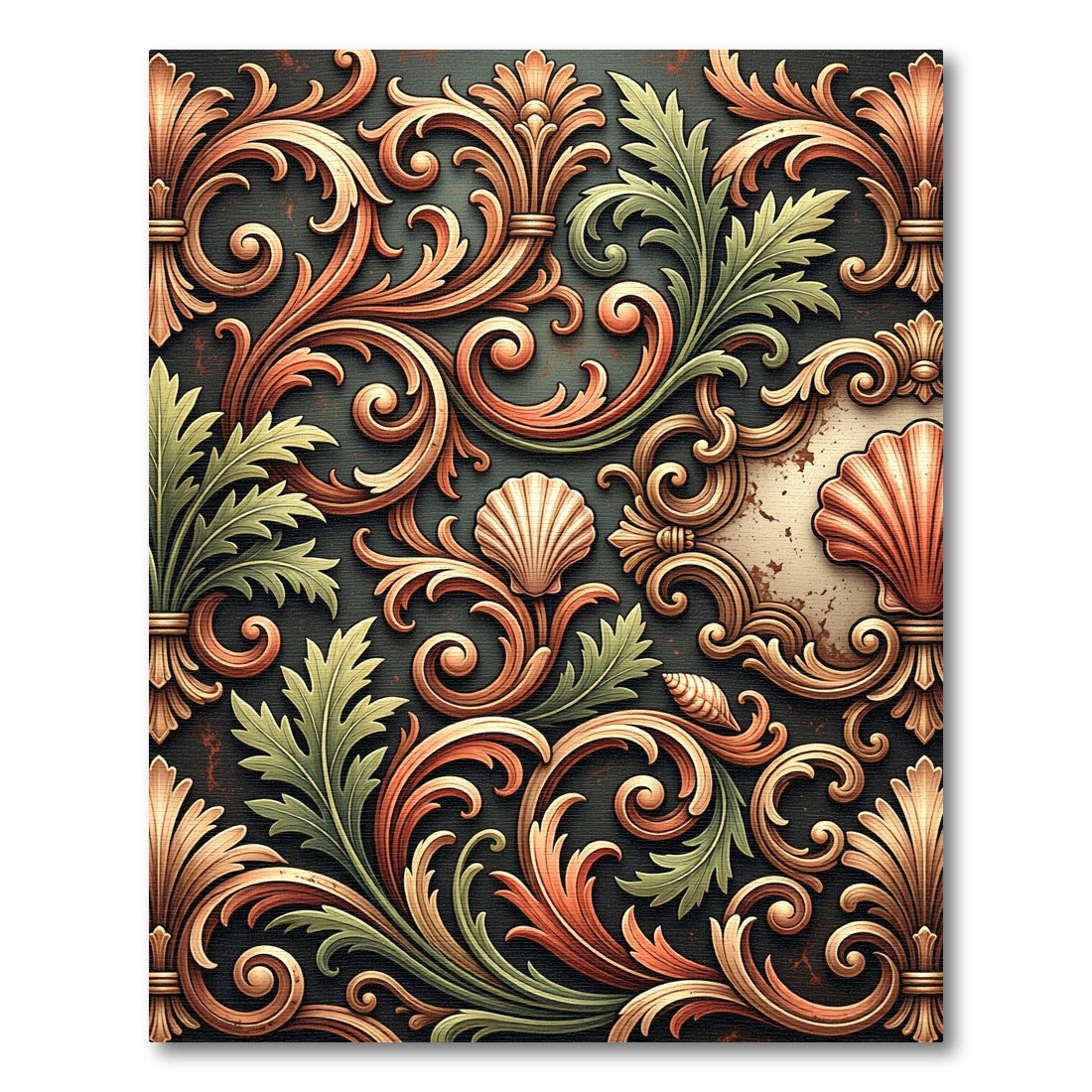 Ornate Gold and Sage Baroque Shell Rug