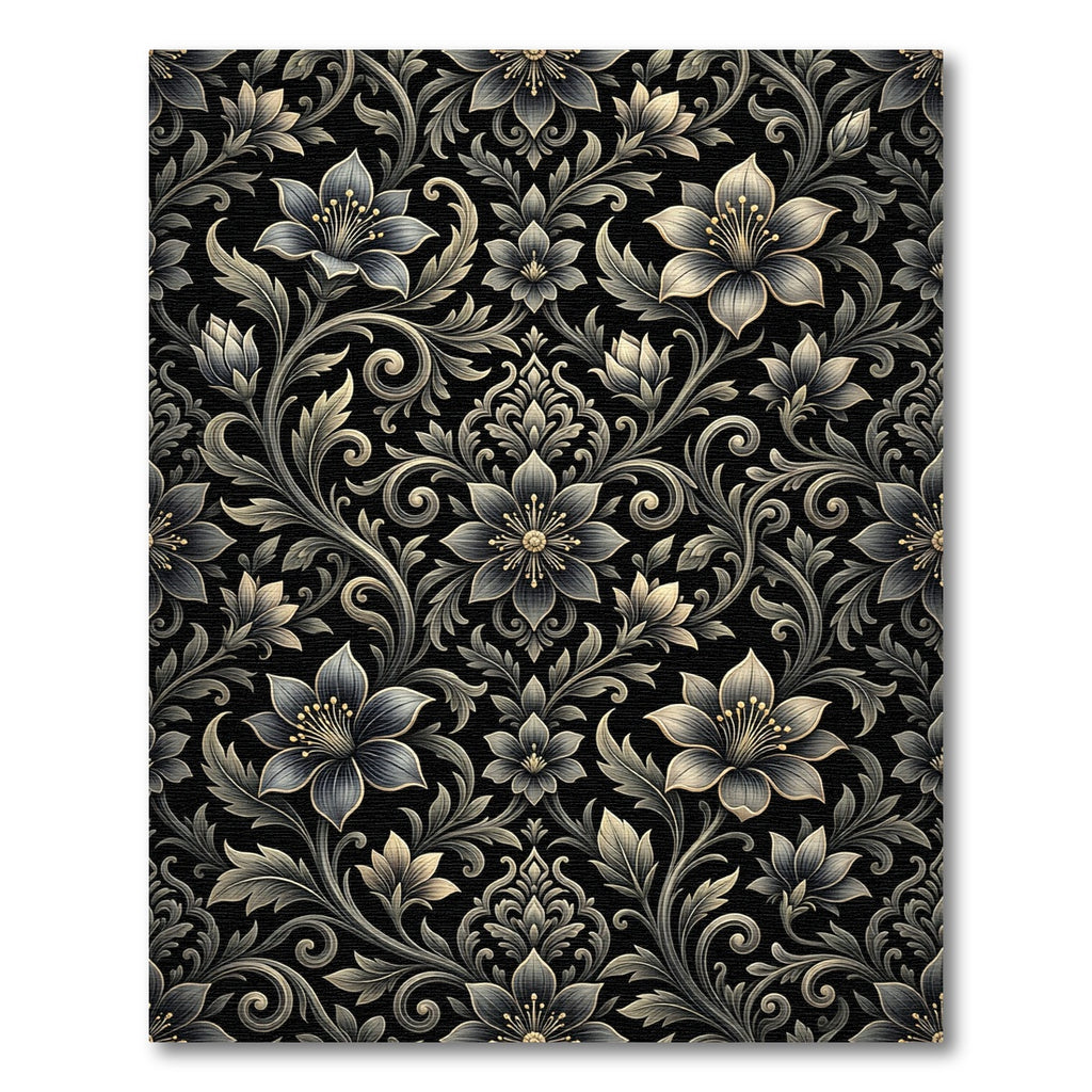 Ornate Black Floral Damask Rug