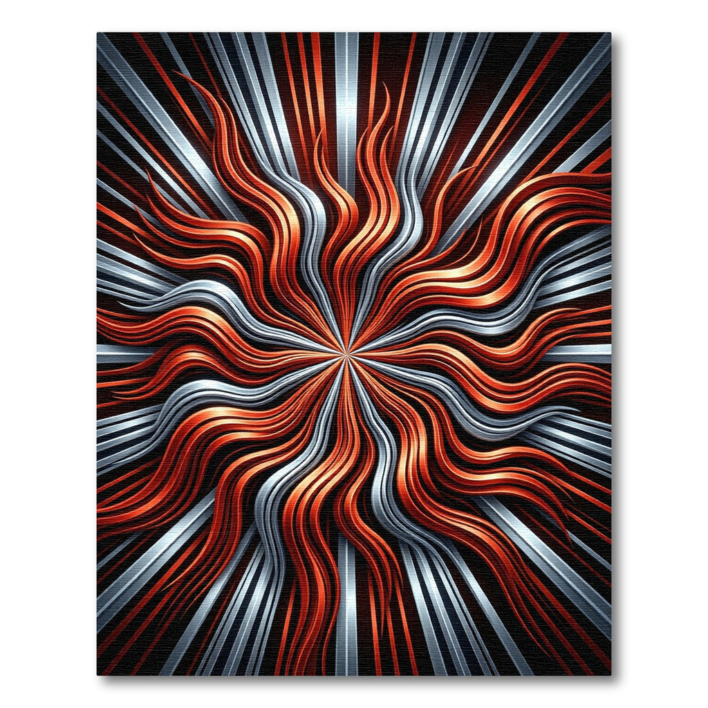 Fiery Orange Silver Radial Waves Rug