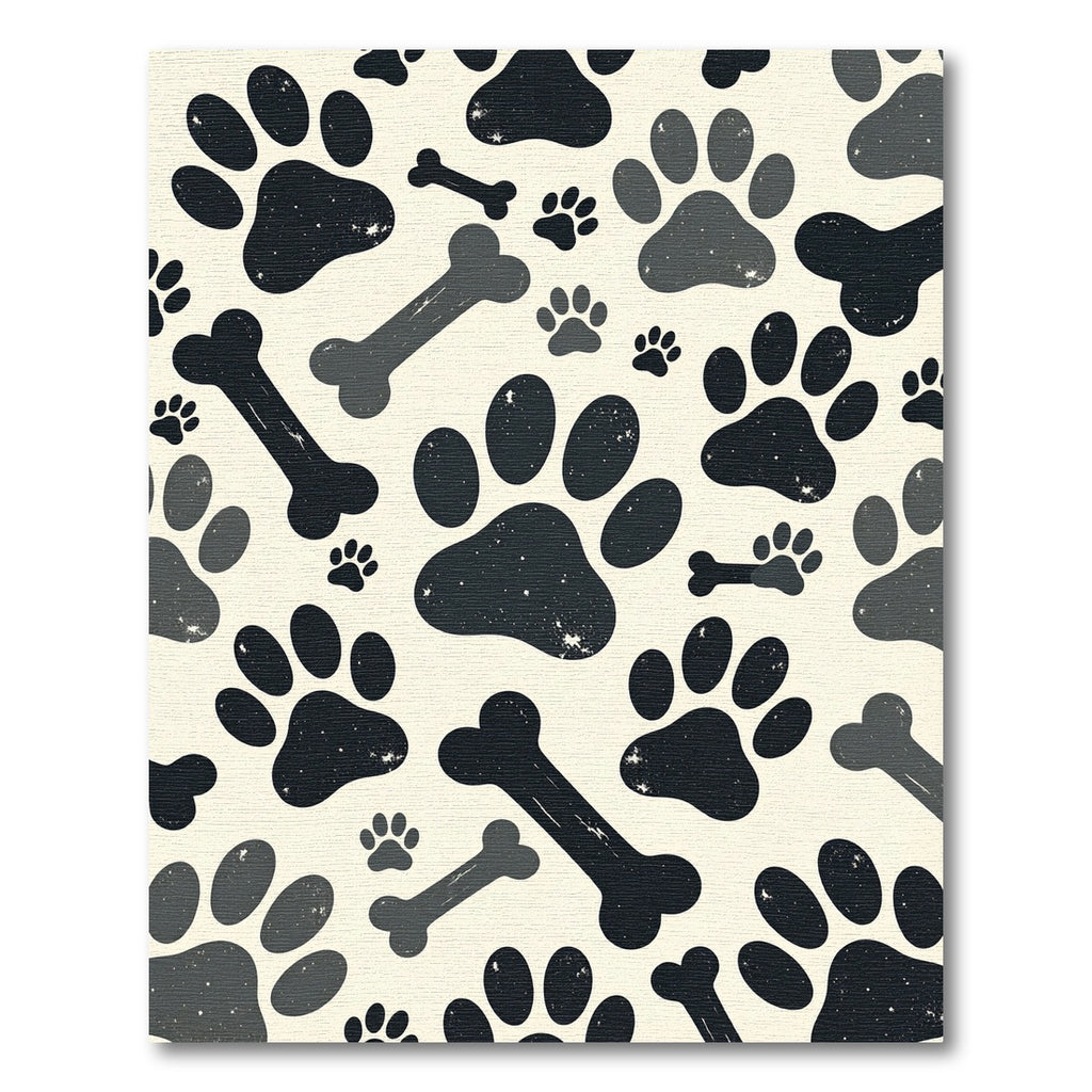 Playful Black Paw and Bone Illustration Rug