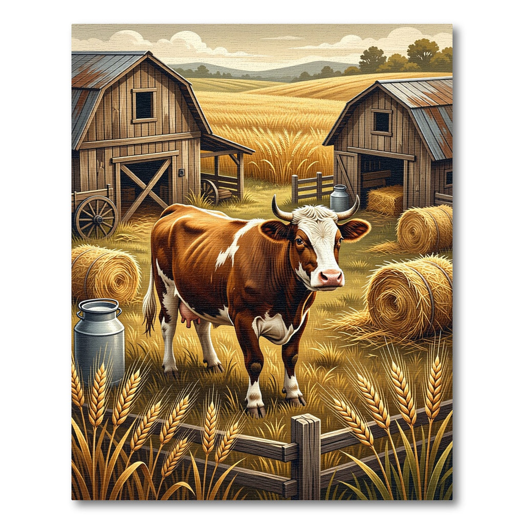 Rustic Farmhouse Bovine Wheat Field Art Rug