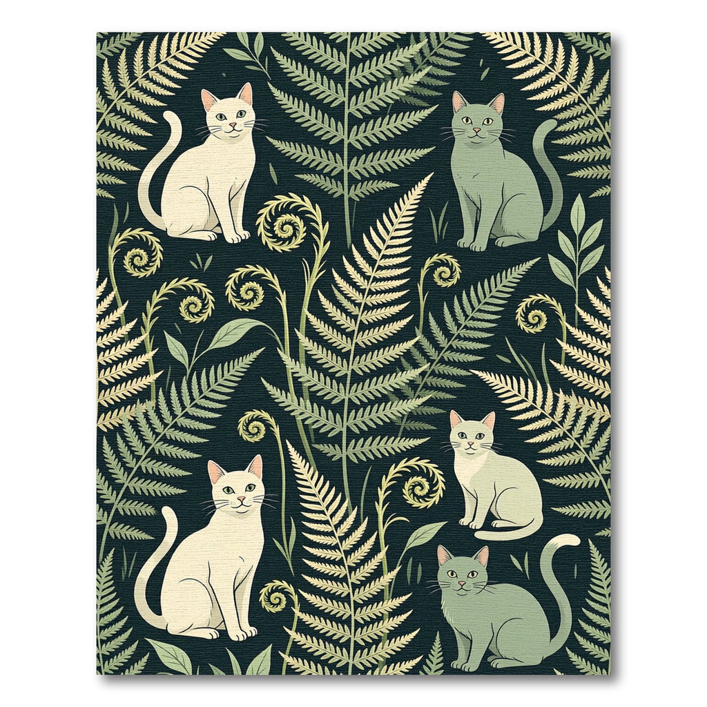 Whimsical Fern and Cat Pattern Rug