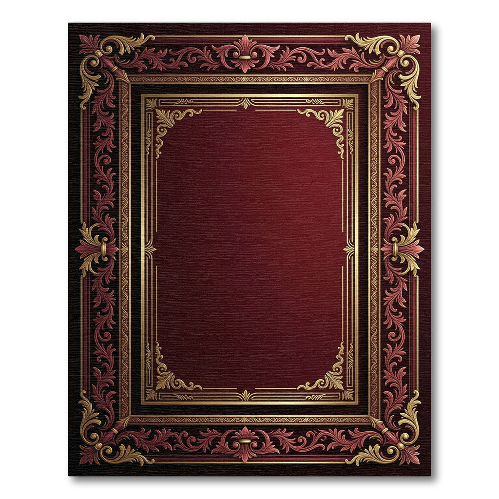 Royal Burgundy Gold Leaf Ornate Frame Rug