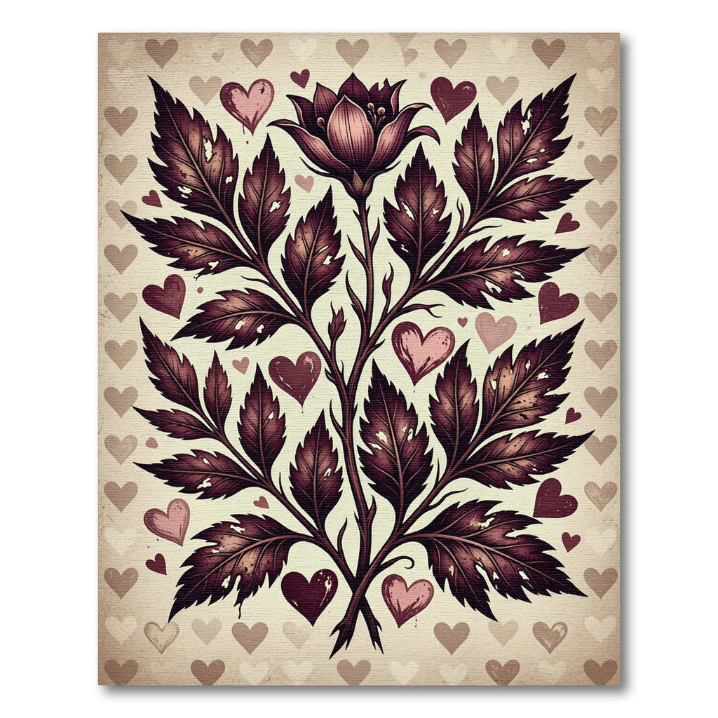 Romantic Maroon Foliage and Heart Accent Rug