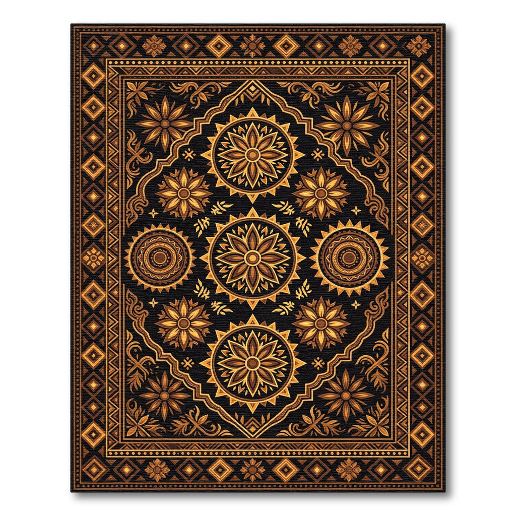 Golden Mandala Floral Geometric Dark Onyx Rug