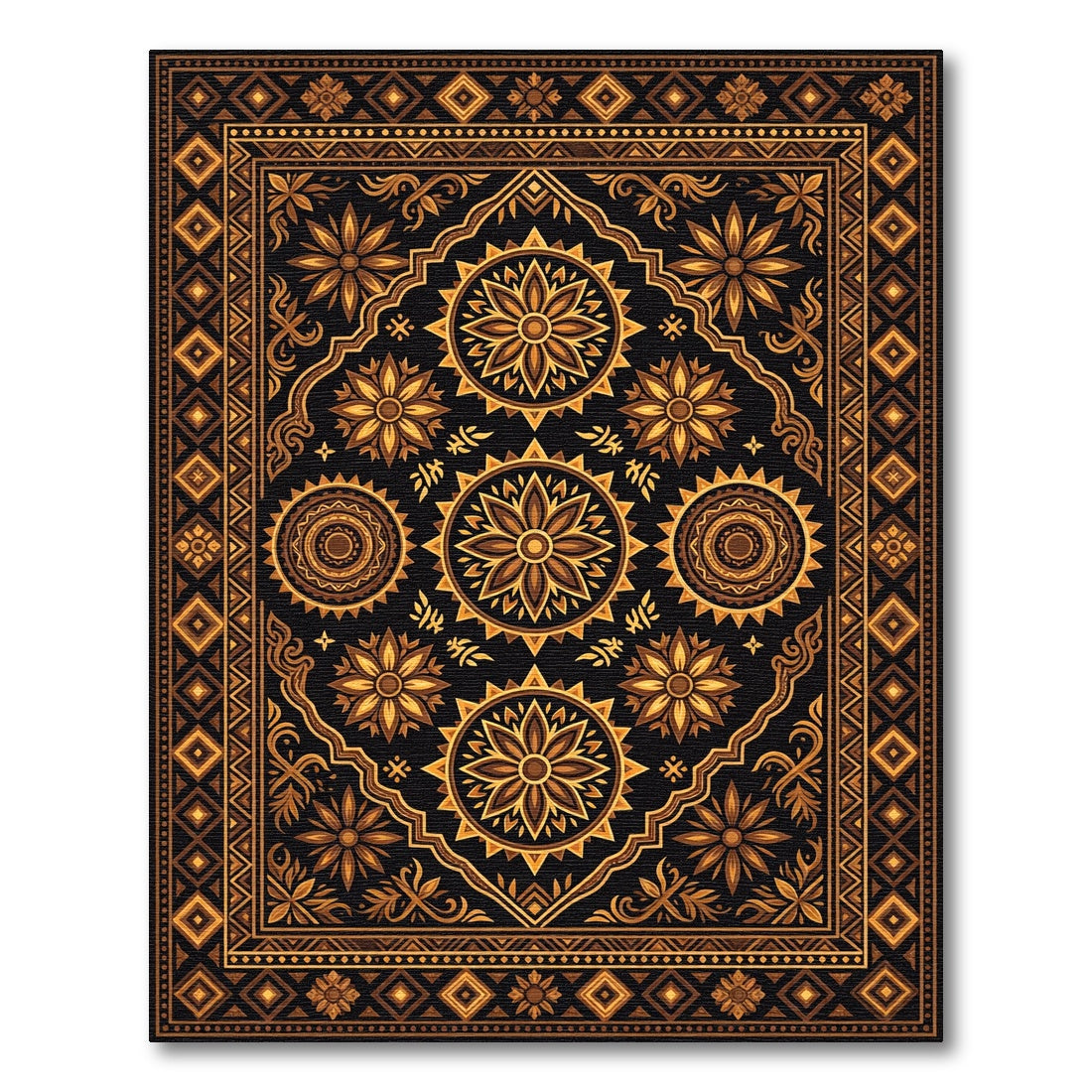 Golden Mandala Floral Geometric Dark Onyx Rug