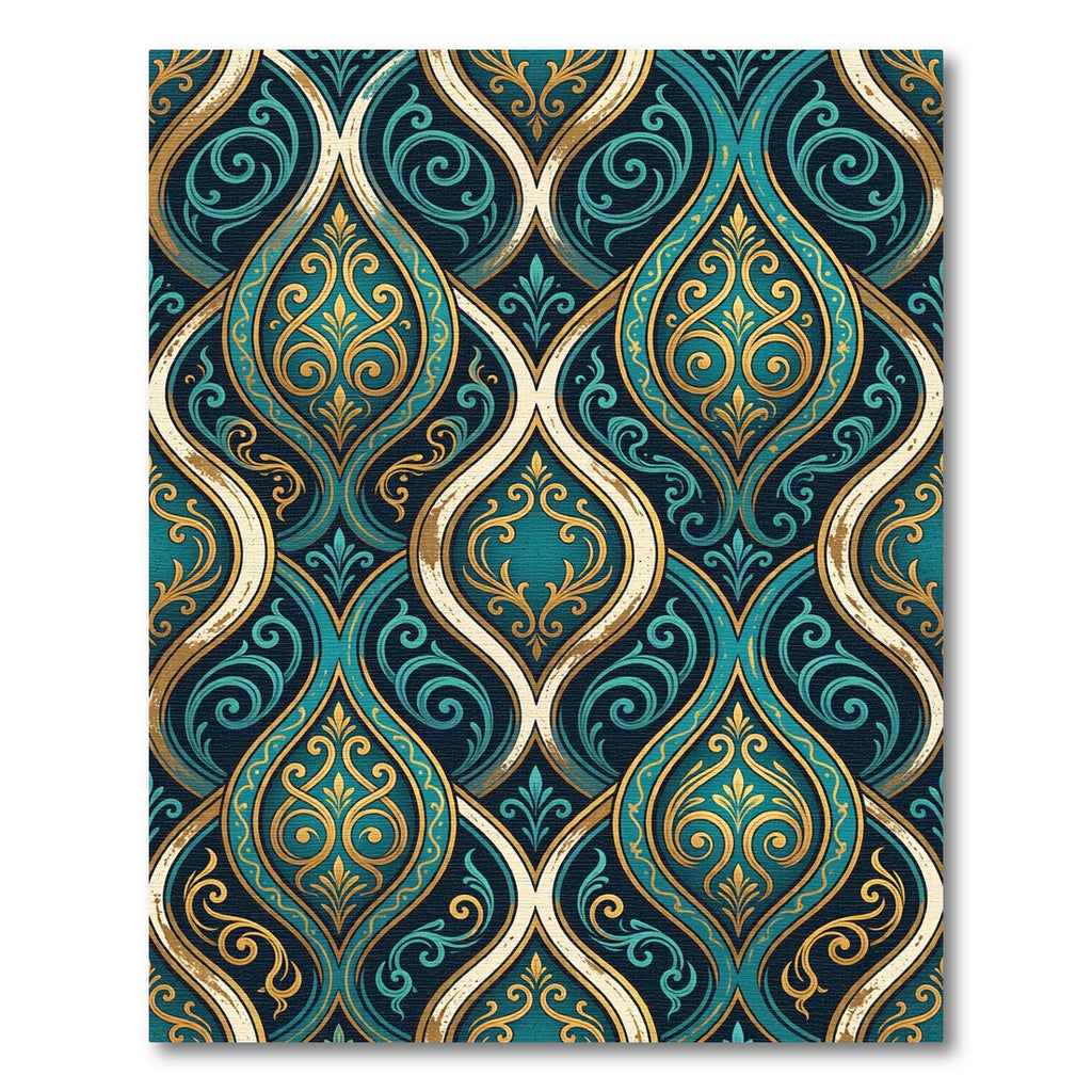 Elegant Teal and Gold Damask Swirl Rug